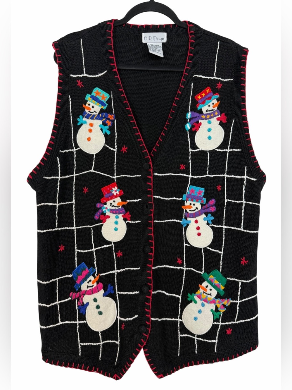 Vintage Christmas Sweater Vest B.P. Design Snowman Black XL